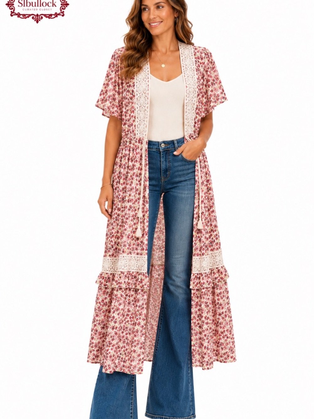 K2 Ember NWT Floral Kimono Duster Size Large Open Front Boho Maxi Layering Piece